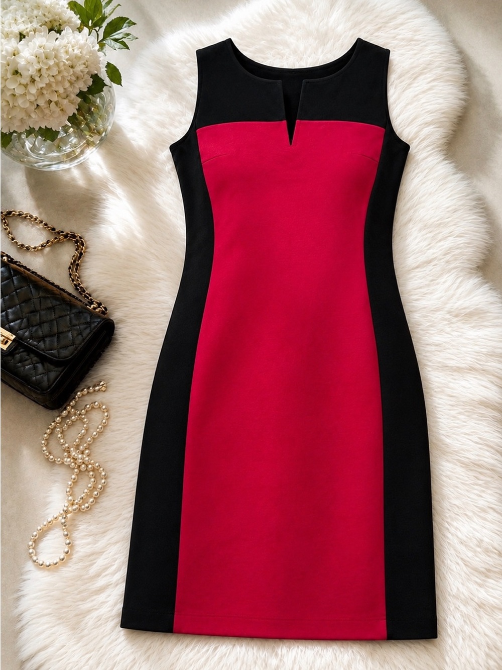 DKNY Cherry Red & Black Color-Block Sheath Dress — Size S